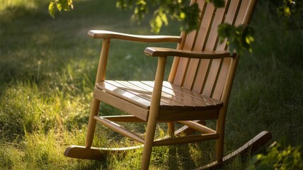 Wooden rocking chair in sunlit garden surrounded by greenery
