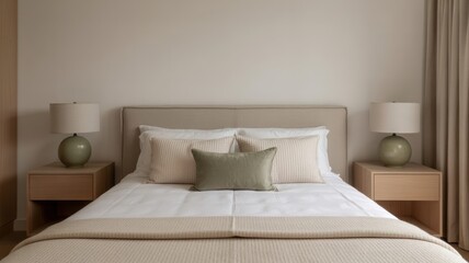 Minimalist bedroom with beige bed and green accents