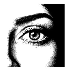 Obraz premium Detailed Beautiful Lady Eye Close Up in Black and White Outline Line Art Drawing with Engraving Style