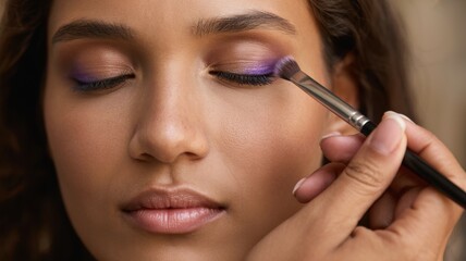 Female applying purple eyeshadow on eyelids close-up