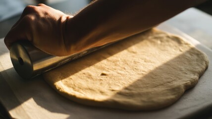 Male adult rolling dough on wooden surface in sunlit kitchen