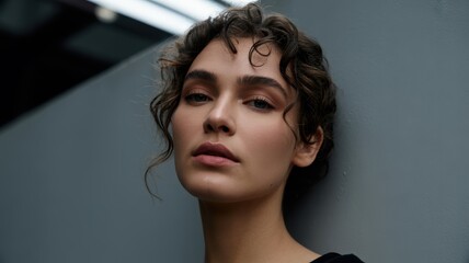 Thoughtful young adult caucasian female with curly hair in urban setting