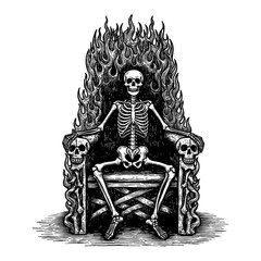 Skeleton Sitting on Empty Throne Made of Fire Black and White Outline Line Art Drawing Illustration
