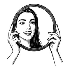 Smiling Female Face Reflection in Round Mirror Held by Hands Black and White Outline Line Art Drawing