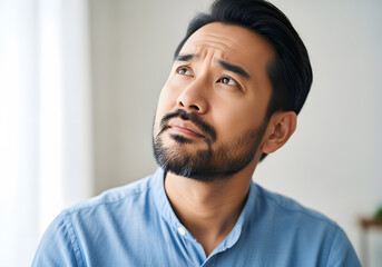 Contemplative Asian man in shirt thoughtful and hesitant making decision with doubts looking up left corner.