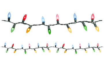 Seamless pattern. Multicolored Christmas lights on transparent background. Christmas glowing garland. LED lamp. New Year decoration. 