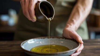 Female pouring olive oil into bowl in kitchen setting with ceramic jug and hands visible