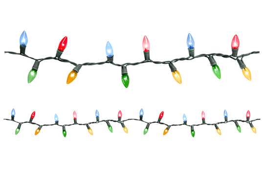 Seamless pattern. Multicolored Christmas lights on transparent background. Christmas glowing garland. LED lamp. New Year decoration. 