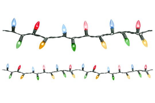Seamless pattern. Multicolored Christmas lights on transparent background. Christmas glowing garland. LED lamp. New Year decoration. 