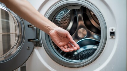 Female hand checking water in open washing machine door
