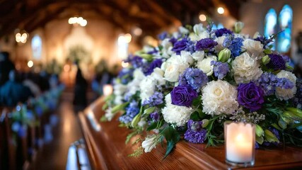 A polished wooden coffin lies in the center of a church hall, adorned with a lush white and purple floral arrangement, candlelight flickering softly as blurred mourners gather in s
