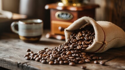 Rustic coffee beans spilling from burlap sack onto wooden table with cup
