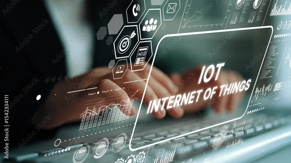 Fototapete innovative concept of internet of things with hands typing on keyboard surrounded by digital graphic