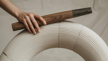 Female hand touching textured white sculpture with wooden cylinder