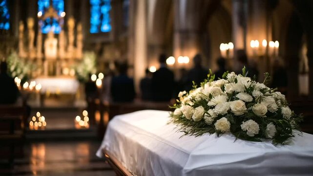 A solemn funeral ceremony takes place in a church, the closed coffin at the altar draped in white linen and flowers, blurred silhouettes of attendees standing respectfully in soft