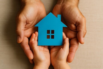 Hands of Parent and Child Holding Paper House, Symbolizing Protection and Family BondHome, Care, and Nurturing, Family at Home Background