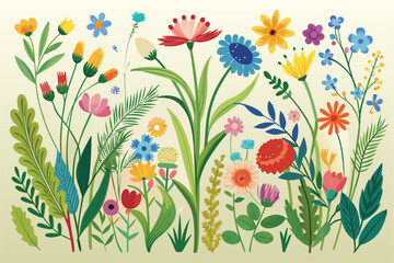 Wildflowers and Meadow Plants Border &ndash; Hand Drawn Natural Vector Elements, 