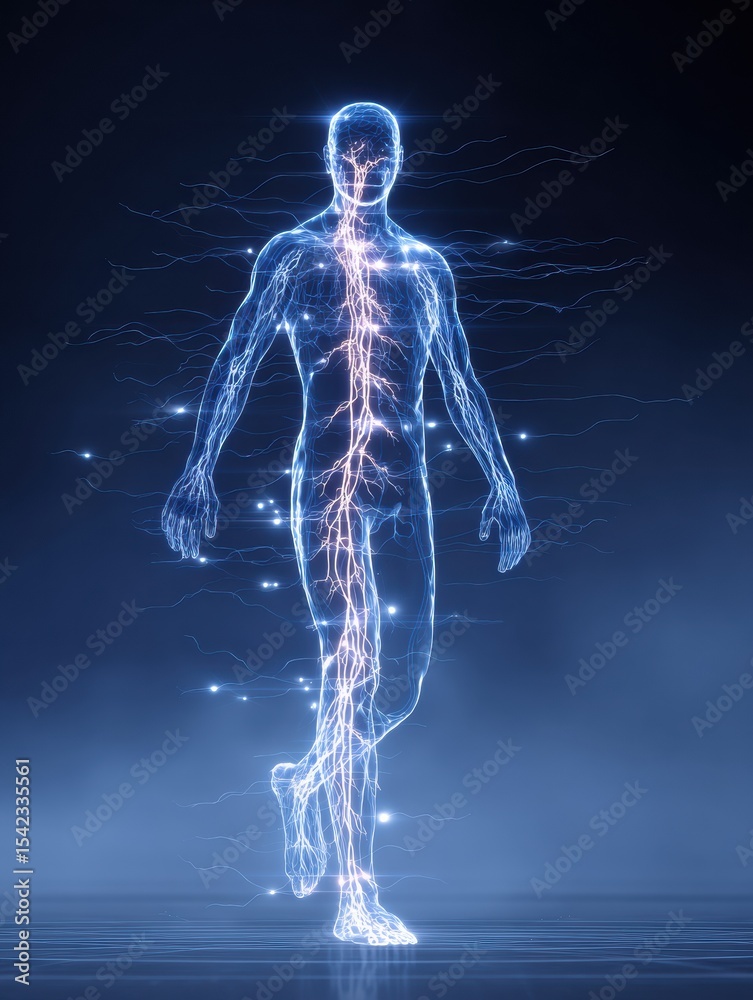 Aufkleber silhouette of a man surrounded by glowing nerve signals in a clinical setting illustrating the human