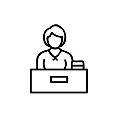Line art illustration of a woman sitting at a desk with a short bob hairstyle and a simple top objects on the desk