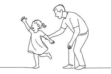 Line drawing of a joyful father and daughter sharing a fun moment, with the child happily running and reaching out, representing love and connection, Family at Home icon set