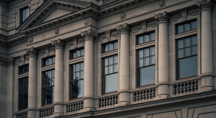 Obraz premium Architectural Grandeur: Classic neoclassical architecture, showcasing a symphony of columns, meticulously crafted details, and framed windows.