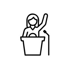 Woman with long hair raising hand at podium with microphone line art illustration
