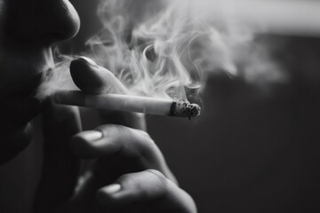 Woman smoking cigarette exhaling smoke in black and white