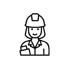 Line art illustration of a smiling woman wearing a hard hat and work uniform holding a document