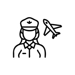 Woman Pilot Airplane Icon Line Art Black White Handmade Indian Style Illustration