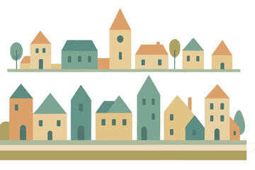 Whimsical cityscape composition with colorful abstract houses, green trees, and a yellow car in a simple illustration Family at Home icon set