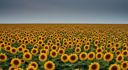 Sunflower Field Under Sky: A vast, vibrant field of sunflowers stretches towards the horizon under a tranquil, overcast sky. The scene conveys a sense of natural beauty and rural serenity.