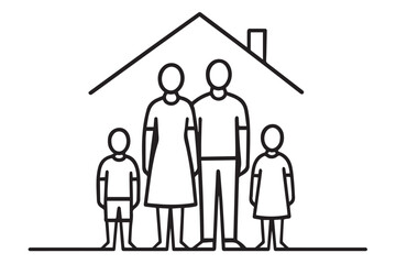 family silhouette with two children and parents standing together under a house roof, symbolizing love and unity, family at home icon set