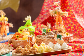June Festival Table, a typical and delicious June Festival table in Brazil with sweets, cakes and accessories, selective focus.