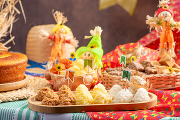 June Festival Table, a typical and delicious June Festival table in Brazil with sweets, cakes and accessories, selective focus.
