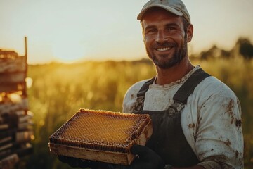 Smiling beekeeper holding honeycomb frame in apiary at sunset