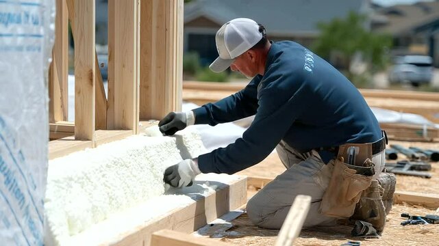 Side view of builder crouched by wall cavity, applying thick spray foam insulation, with lumber, nails, and blueprints scattered nearby