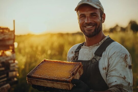 Smiling beekeeper holding honeycomb frame in apiary at sunset
