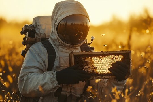 Astronaut beekeeper examines a honeycomb frame with bees flying around in a golden field at sunset