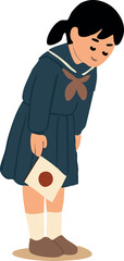 Japanese schoolgirl in traditional uniform bowing respectfully and holding a Japanese flag.
