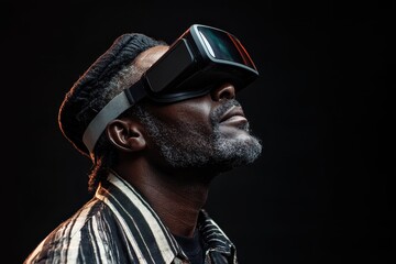 Side view of an African American man wearing a cap and Vr headset against a dark background looking upward with a yellow light