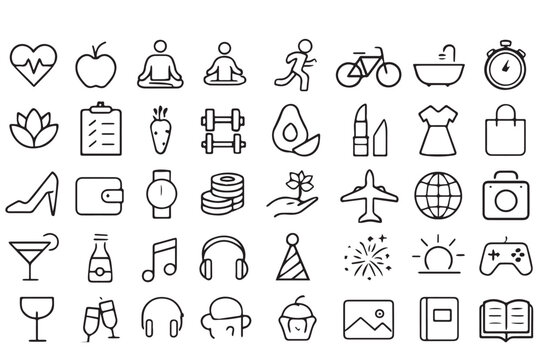 Comprehensive collection of minimalist lifestyle icons representing health, wellness, fitness, travel, and more, ideal for modern design projects Lifestyle icon collection