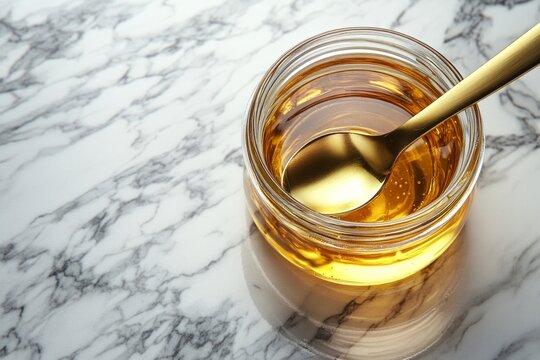 Golden spoon resting in a glass jar filled with honey, placed on a marble surface, creating a luxurious and inviting scene - Powered by Adobe