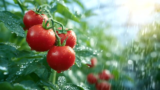 Glowing red tomatoes cluster among green foliage with droplets of condensation on the leaves, warm sunlight filtering through glass panels above
