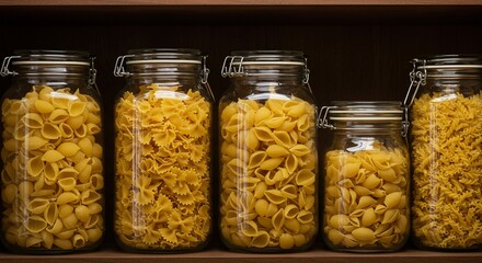 Pasta Pantry Perfection: A still-life image capturing an array of pasta shells neatly preserved in clear glass jars, creating a visually appealing composition of culinary essentials.