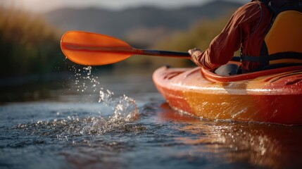 Kayaker with orange paddle on waters edge