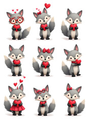 Cute cartoon wolves holding red hearts, ideal for Valentine's Day cards and loving messages.