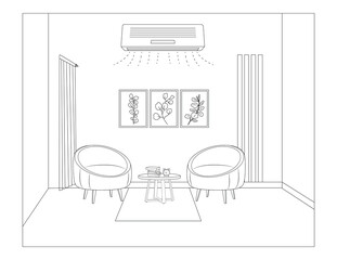 Hand drawing modern living room with white background, sketch line art, Line drawing of furniture for living room interior with chair lamp and potted plant, Modern interior and furniture