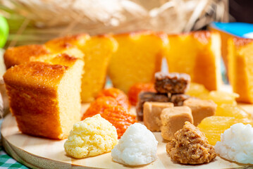 June Festival Table, a typical and delicious June Festival table in Brazil with sweets, cakes and accessories, selective focus.