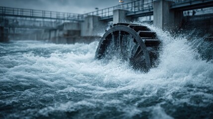 Water wheel spins energetically as river currents surge in a moody twilight setting