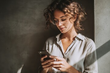 Fototapeta premium Professional woman engaged in texting on her phone while standing near a wall in a softly lit indoor environment during daylight hours
